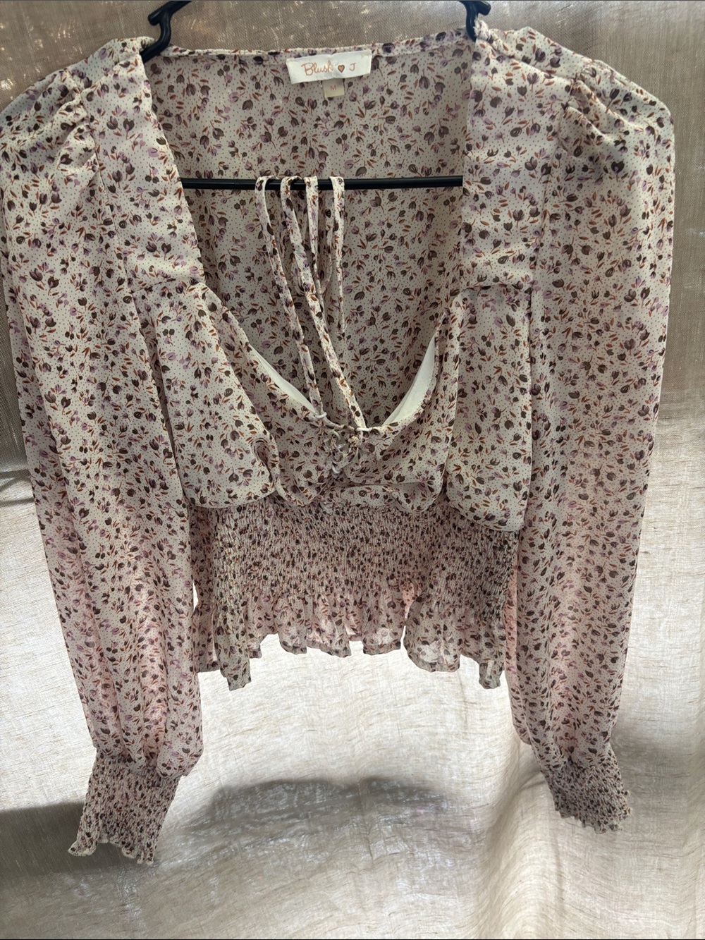 Blush Pink Floral Tie-Front Smocked Waist Blouse